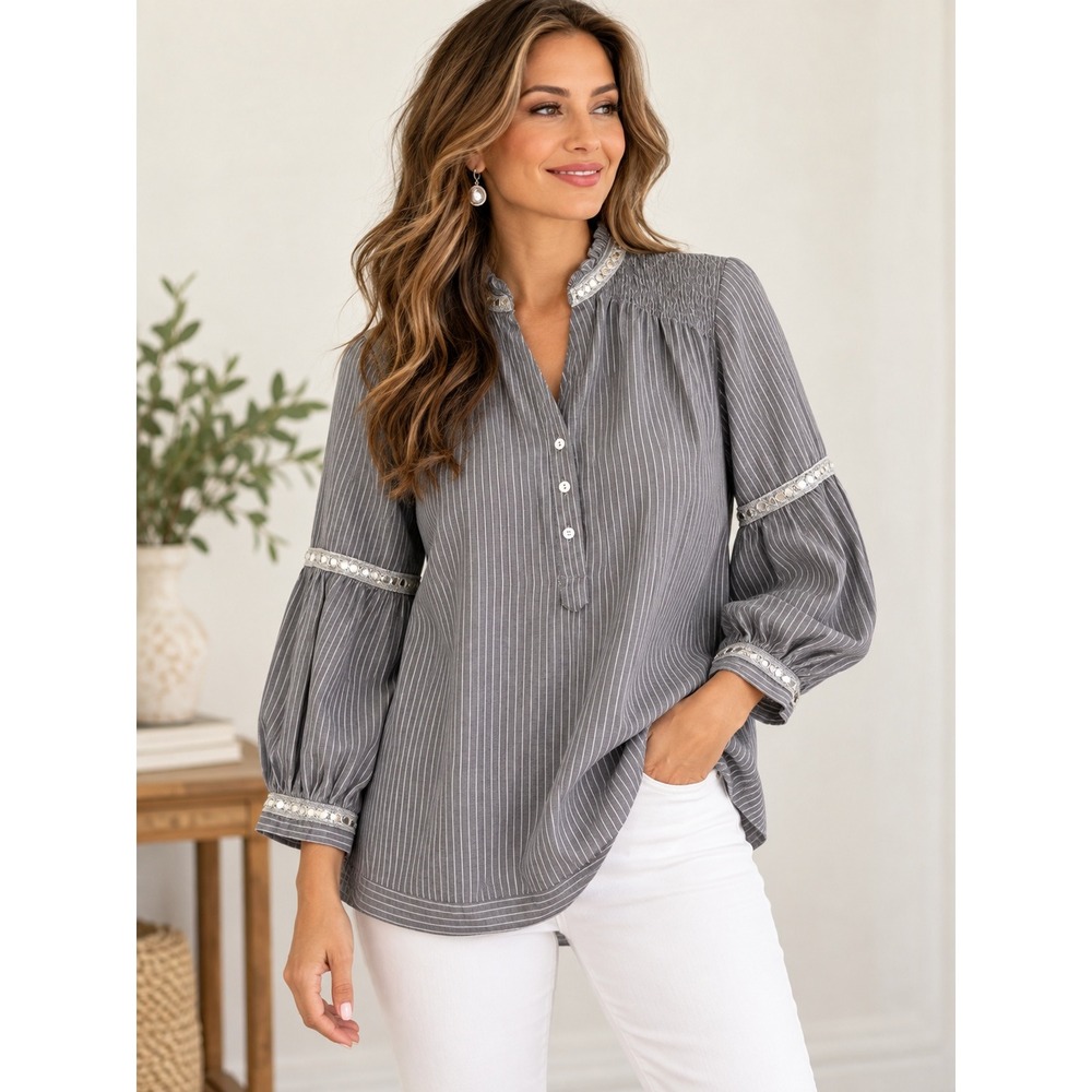 Liza Byrd Blouse Womens XL Gray Cotton Pinstripe Mirror Sequin Balloon Sleeve